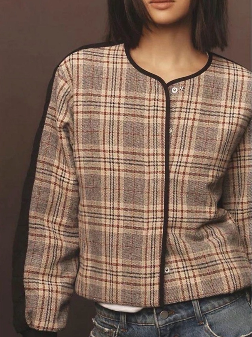 Dolan Left Coast Anthropologie  Plaid Quilted Jacket with Black Knit Sleeves